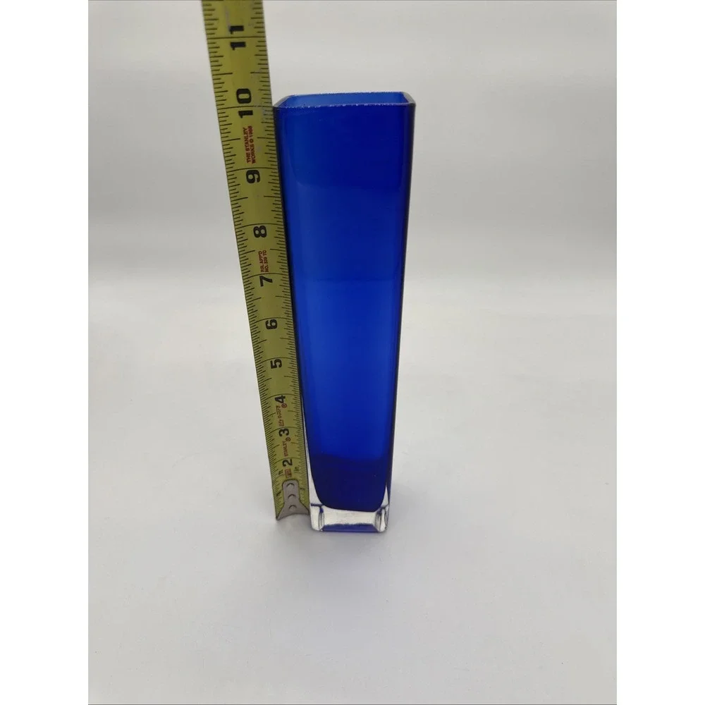 VTG Mid Century Modern MCM COBALT BLUE Rectangular VASE Clear Square Base 10